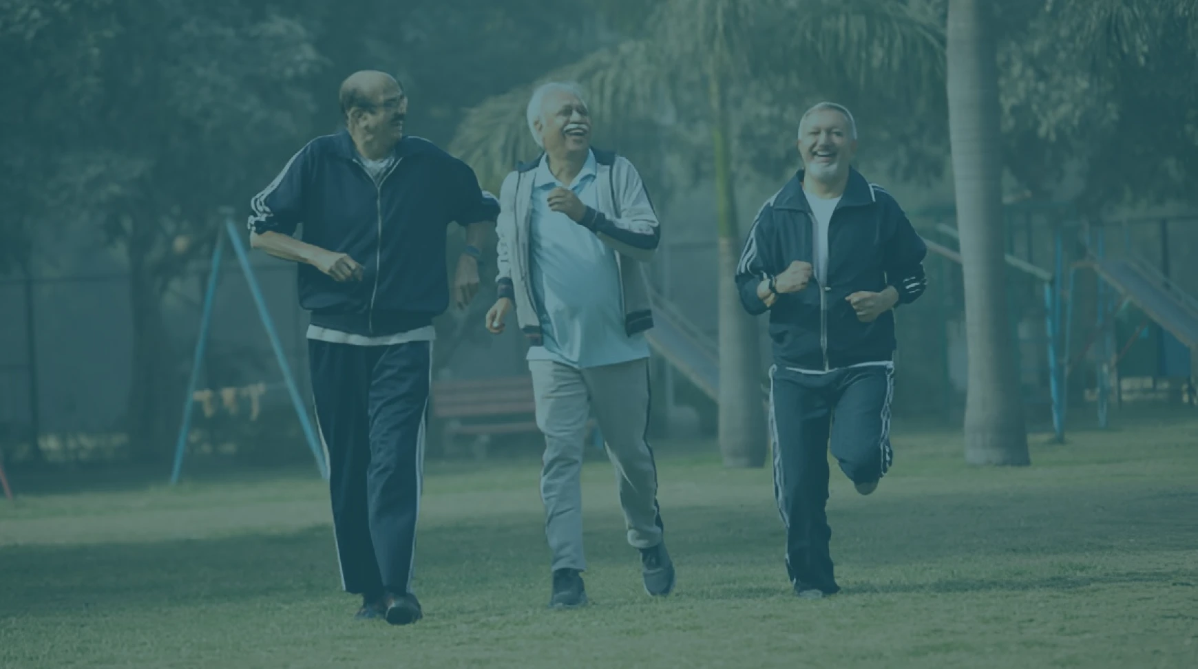 Three old men jogging in Garden