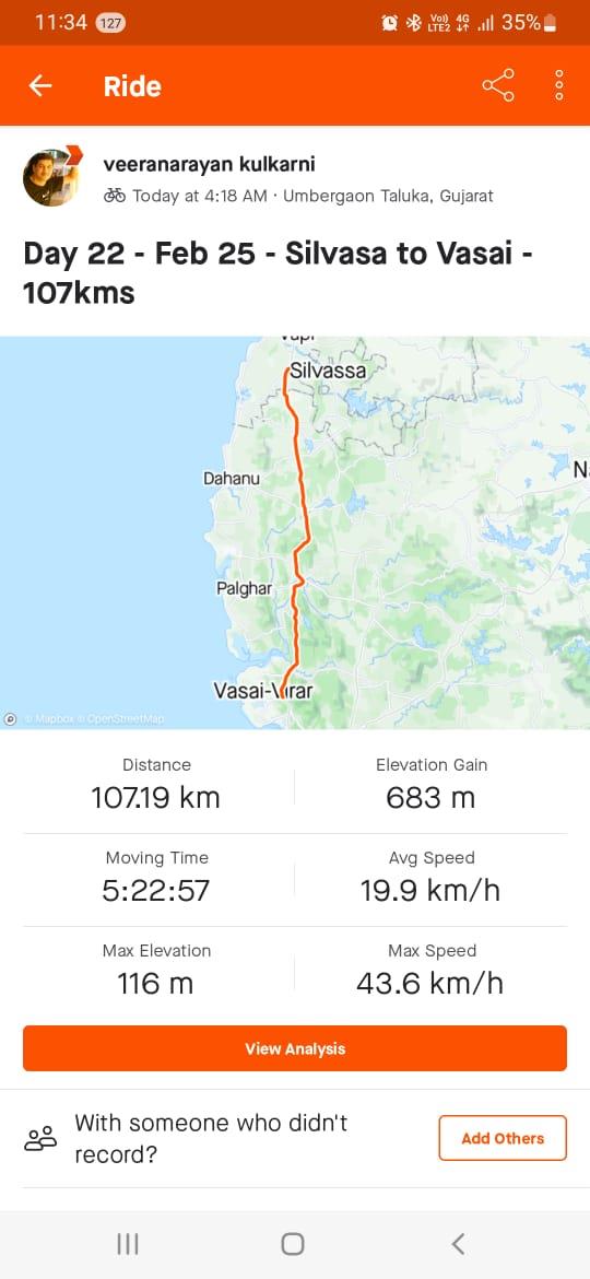 Reached our destination Vasai. Thanks to Rtn. Nandakumar ji, Anjana ji and Dr. Naval ji for  helping us with accomodation today.🙏🙏🙏 This has been my best average speed of 19.9kmph in the 100km + category. There was good slope and truck traffic wasn't much. It was fun riding today.