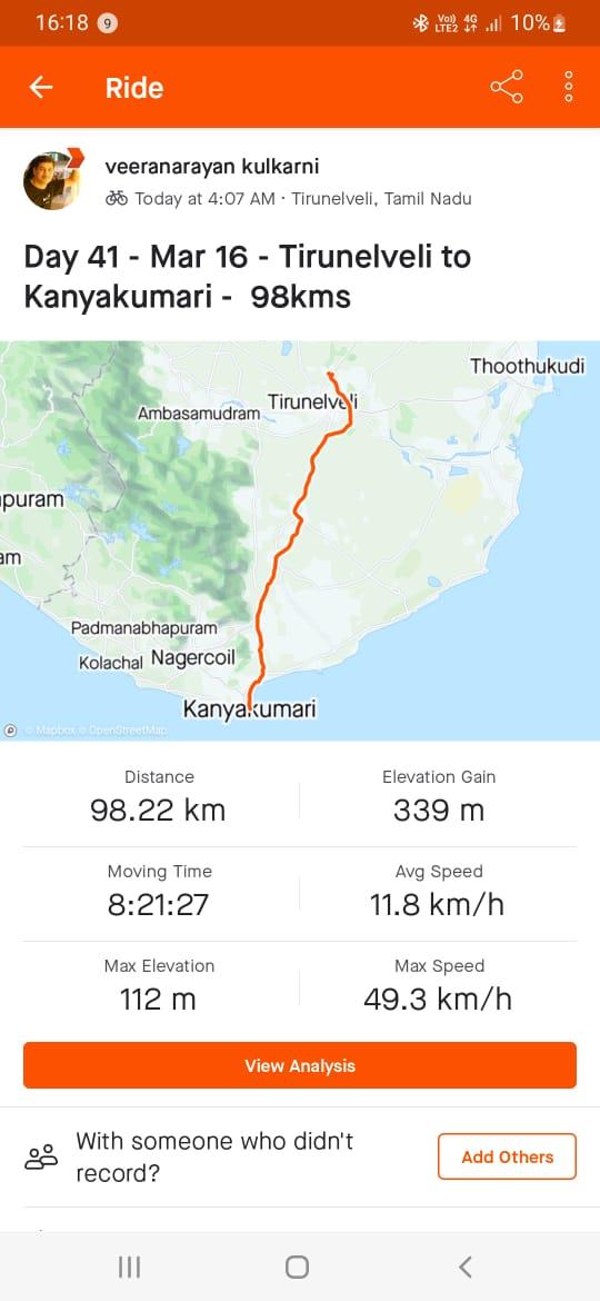 Reached our destination Kanyakumari at 2pm. Number of cycling days- 3️⃣7️⃣ Rest days - 4 Overall duration - 41days Cumulative distance by Cycle - 4️⃣0️⃣6️⃣1️⃣ kms